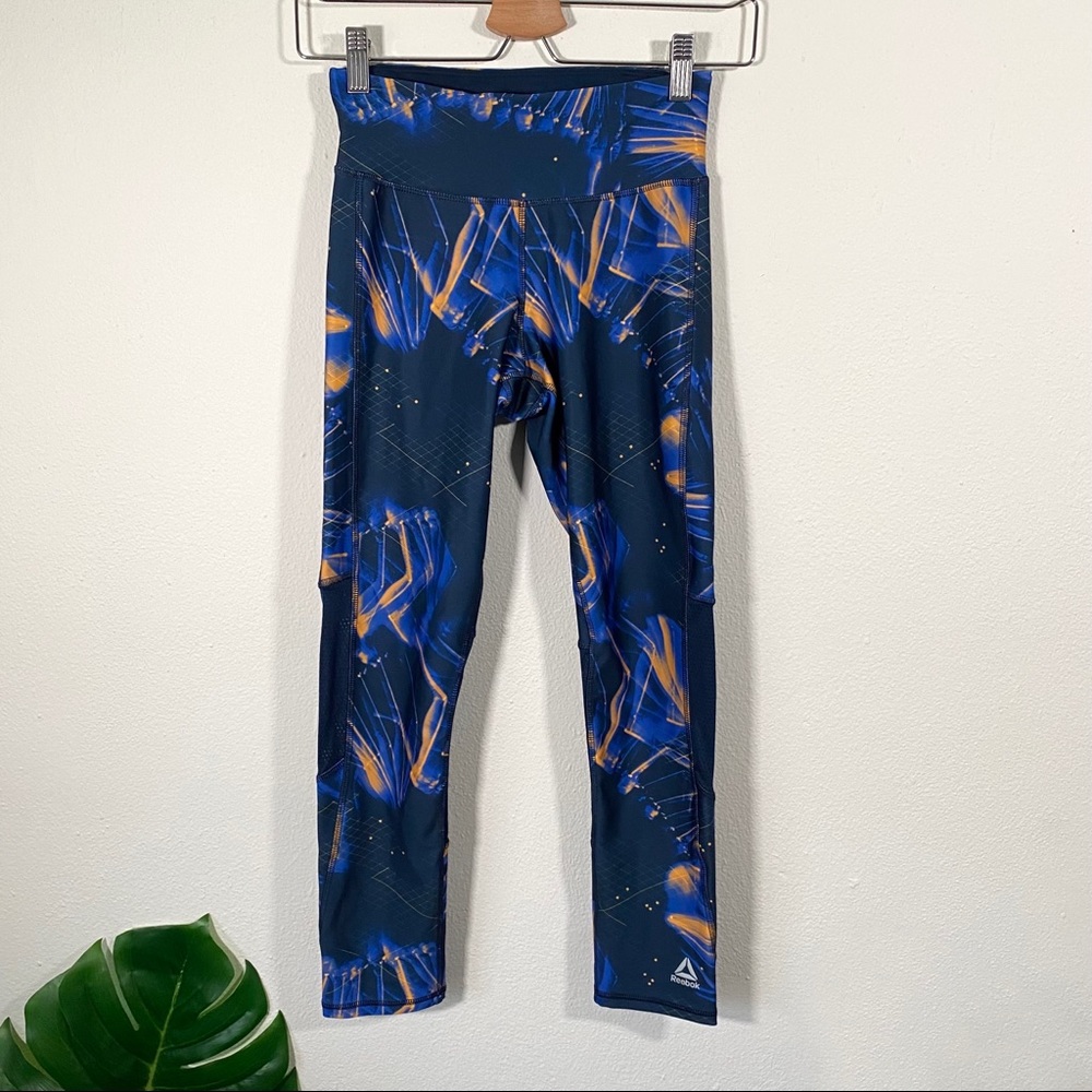 Reebok Running Essentials 7/8 Tights Leggings Crushed Cobalt Solar Gold Size XS